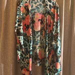 Floral & Leopard Print Sheer Button Cardigan - Teal & Pink